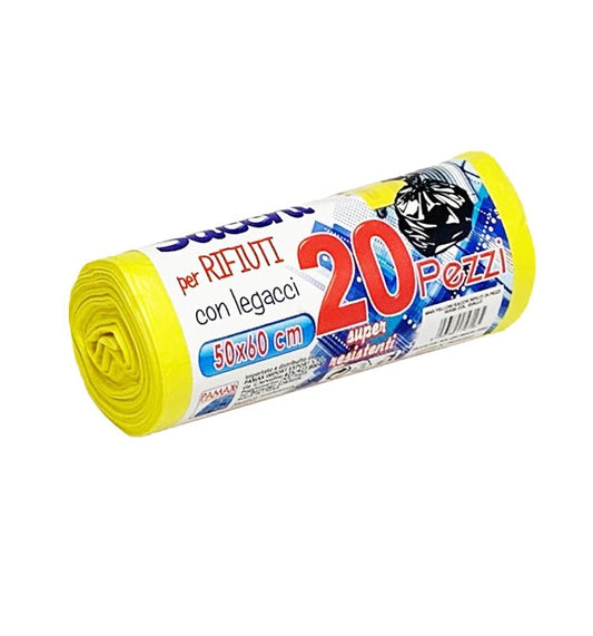 Sacchi per Rifiuti con Legacci – 20 pezzi | 50x60 cm gialle – Super Resistenti
