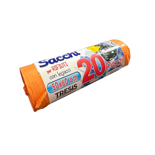 Sacchi per Rifiuti con Legacci – 20 pezzi | 50x60 cm – Super Resistenti – Arancioni