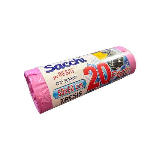 Sacchi per Rifiuti con Legacci – 20 pezzi | 50x60 cm – Super Resistenti – Rosa