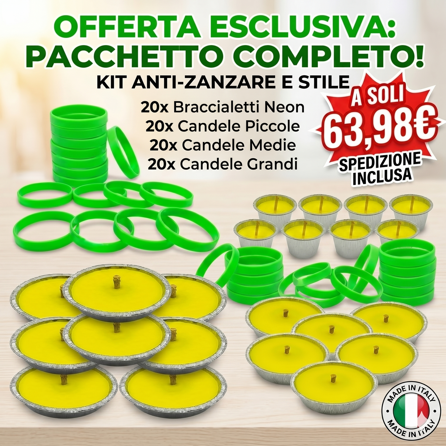Kit antizanzare 80 pezzi – candele citronella + braccialetti