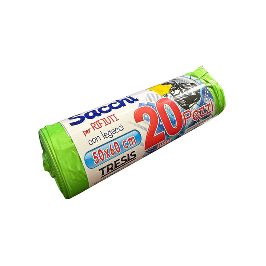 Sacchi per Rifiuti con Legacci – 20 pezzi | 50x60 cm – Super Resistenti – Verdi